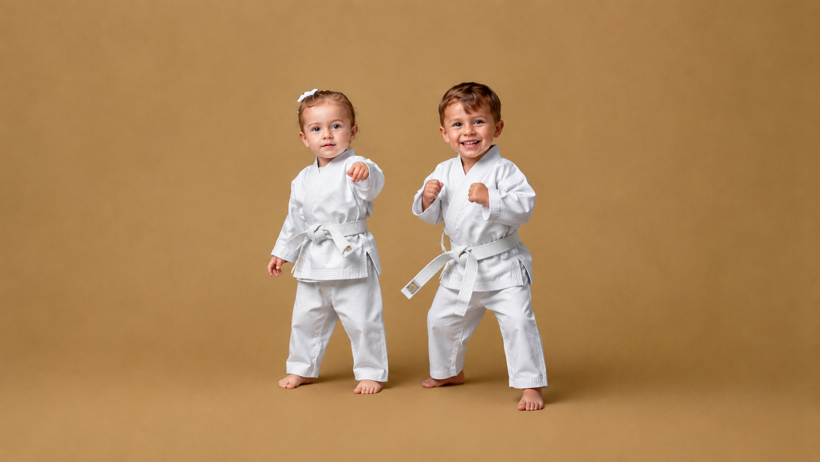 Crianças de 1 a 3 anos praticando artes marciais no programa Baby Littles da Kihap